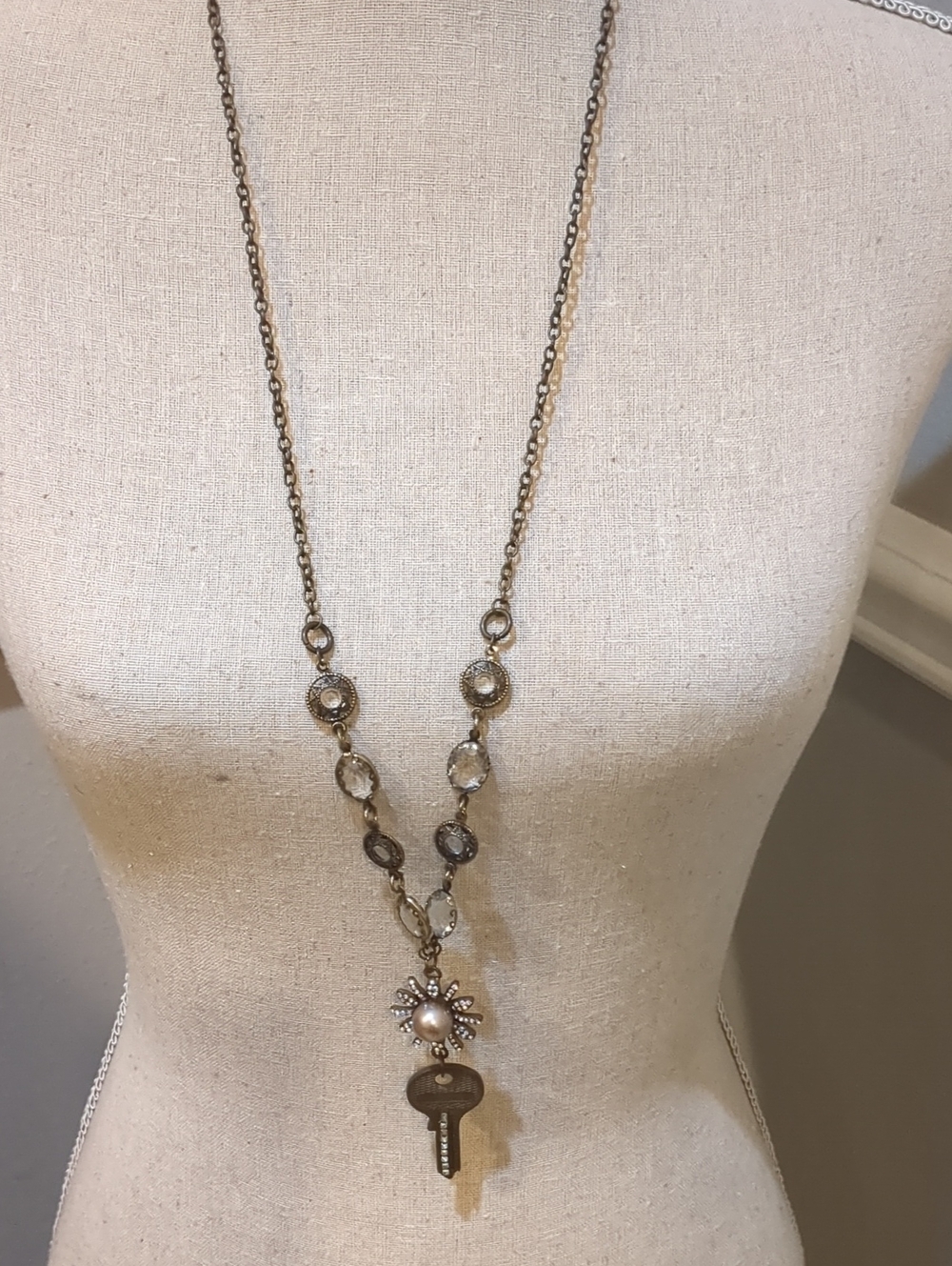 Steampunk Pearl & Key Pendant Necklace in Antique Gold